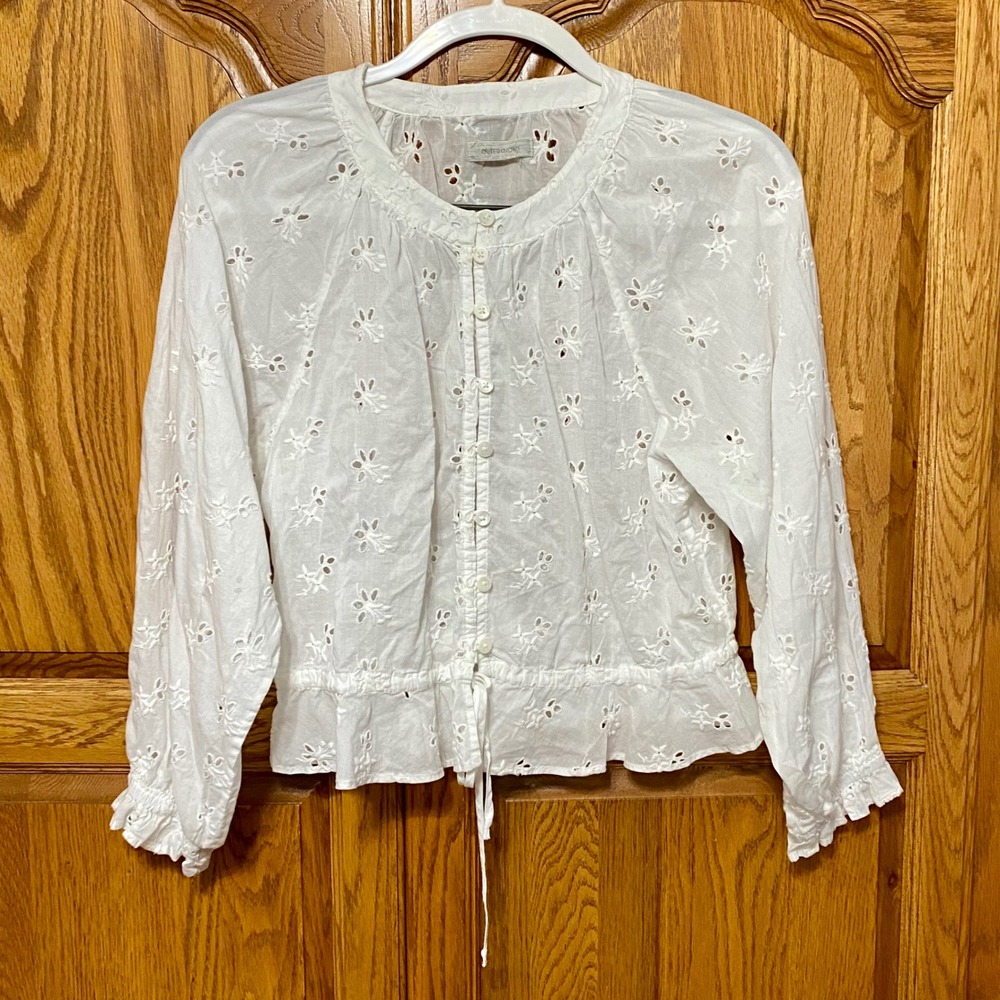 Outerknown White Cotton Floral Eyelet Button Up Blouse Top Boho Women's Small
